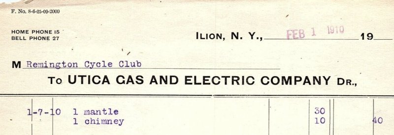 1910 ILION NY UTICA GAS AND ELECTRIC COMPANY REMINGTON CYCLE CLUB BILLHEAD Z4641
