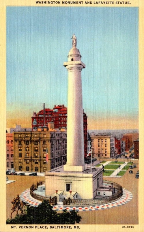 Maryland Baltimore Mt Vernon Place Washingon Monument & Lafayette Statue Curt...