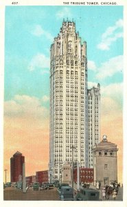 Vintage Postcard Tribune Tower Building Near Michigan Bridge Chicago Illinois IL