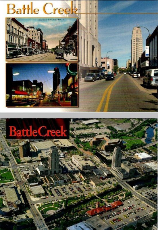 2~4X6 Postcards  Battle Creek, MI Michigan STREET SCENES Then/Now & AERIAL VIEW