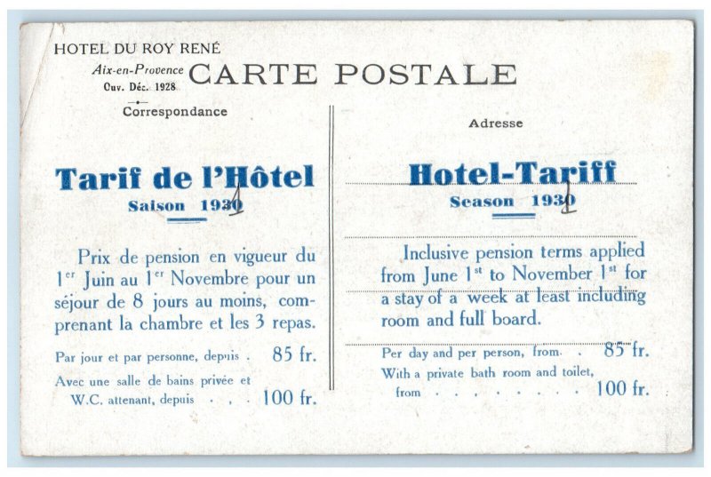 1928 Hotel Du Roy Rene Aix-En-Provence Provence-Alpes-Côte dAzur France Postcard