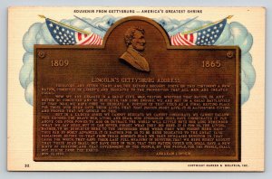 Gettysburg Lincoln's Address Bronze Tablet Linen Postcard Unposted