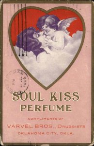 Oklahoma City OK Art Nouveau Soul Kiss Perfume Ad Cupid Kisses Woman c1910 PC