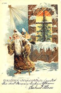 Brown Suited Santa Claus Christmas Tree Grus Aus German Postcard