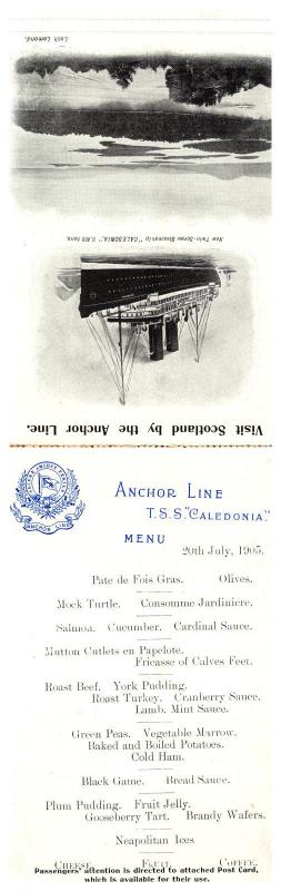 S.S. Caledonia , Anchor Line ,  Menu , bi-fold