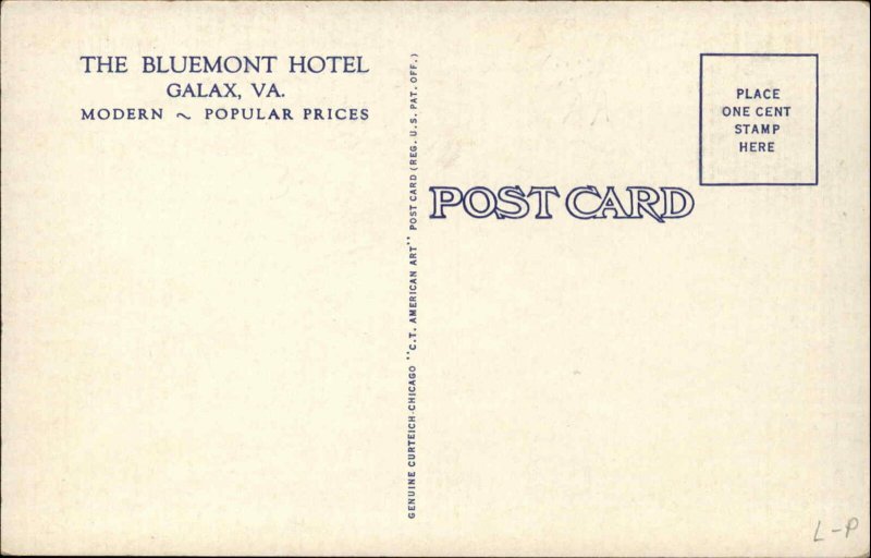 Galax VA Bluemount Hotel Linen Postcard