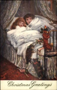 Christmas - Kittens & Children in Bed c1910 TUCK Postcard