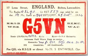QSL Radio Card Code G5VN Lancashire England Amateur Radio Station Postcard