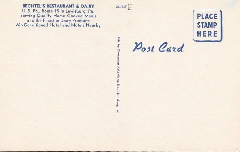 Postcard Bechtel's Restaurant & Dairy Lewisburg PA