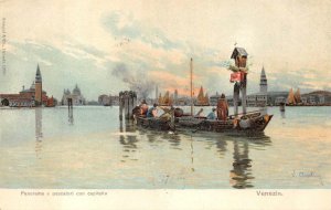 PANORAMA E PESCATORI CON CAPITELLO VENICE ITALY ARTIST SIGNED POSTCARD (c. 1900)