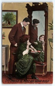 1912 MERRILL IOWA ROMANTIC COUPLE ART DECO ERA WOMAN BLUSHING POSTCARD P3685