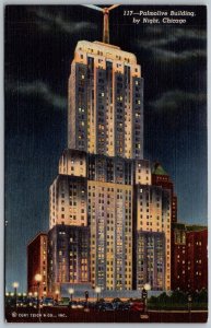 Chicago Illinois 1940s Postcard Palmolive Building at Night