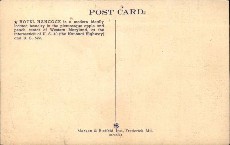 Hancock MD Maryland Hotel Hancock c1930-50s Vintage Postcard