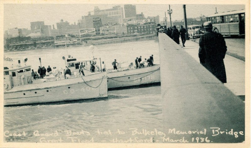CT - Hartford. 1936 Flood, Coast Guard Boats, Bulkeley Bridge