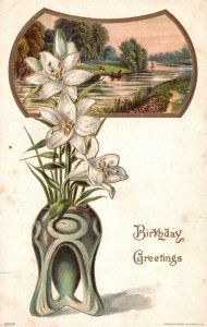 Vintage Postcard 1915 Birthday Greetings White Flower Vase Design