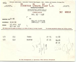 1938 PORTIS BROS HAT CO.  515 S. FRANKLIN ST CHICAGO IL BILLHEAD INVOICE Z1194