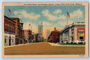 Battle Creek Michigan MI Postcard Post Office Michigan Avenue Looking West 1957