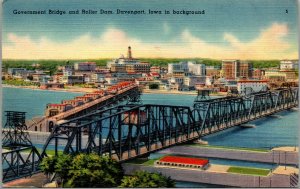 Vtg 1930s Goverment Bridge and Roller Dam Davenport Iowa IA Linen Postcard