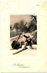 Hand Colored Skiing Child Happy Christmas