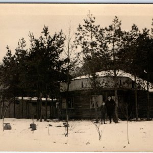 c1910s European Winter Farm House RPPC Father & Son Real Photo Postcard Snow A85