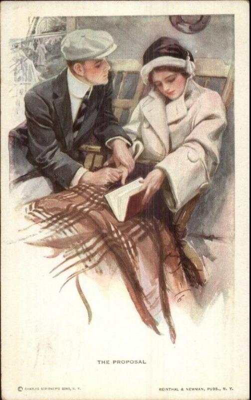 Harrison Fisher Romance on Steamship - The Proposal c1910 Postcard