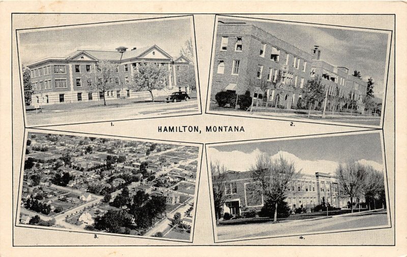 G84/ Hamilton Montana Postcard c1940s 4-View School Hospital Birdseye