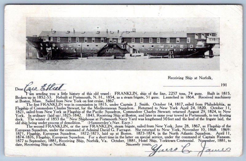 1914 RECEIVING SHIP AT NORFOLK VIRGINIA THE FRANKLIN STEAM FRIGATE POSTCARD