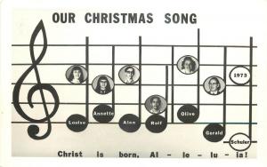 1973 RPPC Christmas Song Postcard Family Faces in Music Notation Treble Clef