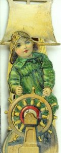 1870's-80's Cute Girl Nautical Boat Captain In Tiny Boat Victorian Die Cut F88