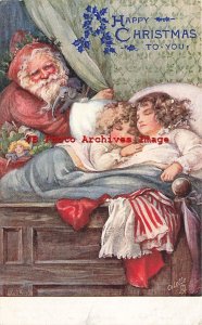 Christmas, Tuck No 8449, A.L. Bowley, Purple Suit Santa Watching Children Sleep