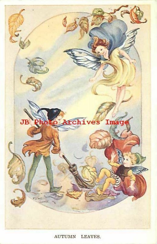 Rene Cloke, Valentine No 1328, Autumn Leaves, Fairies Sweeping Leaves