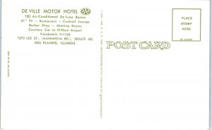1950s De Ville Motor Hotel Motel Serving O'Hare Airport Des Plaines IL Postcard