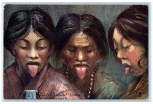 c1910 Three Women Tongue Out Chakzal Chakzal Tibet Oilette Tuck Art Postcard