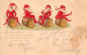 Red Dressed Elves On Barrels, German, Undivided Back, Vintage Postcard U17906