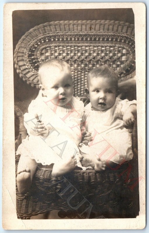 ID'd c1910s Cute Baby Boy Cousins RPPC Kids Chair Real Photo Jewell Austin A160