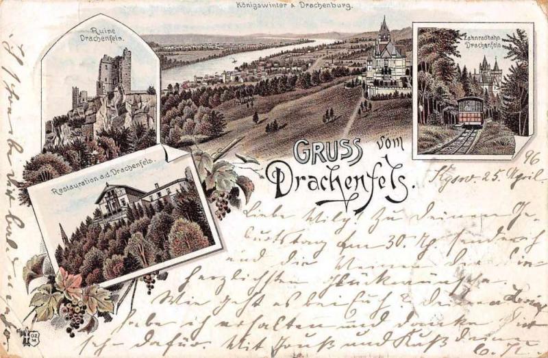 Drachenfels Germany Castle Train Scenic Gruss aus Antique Postcard J79423