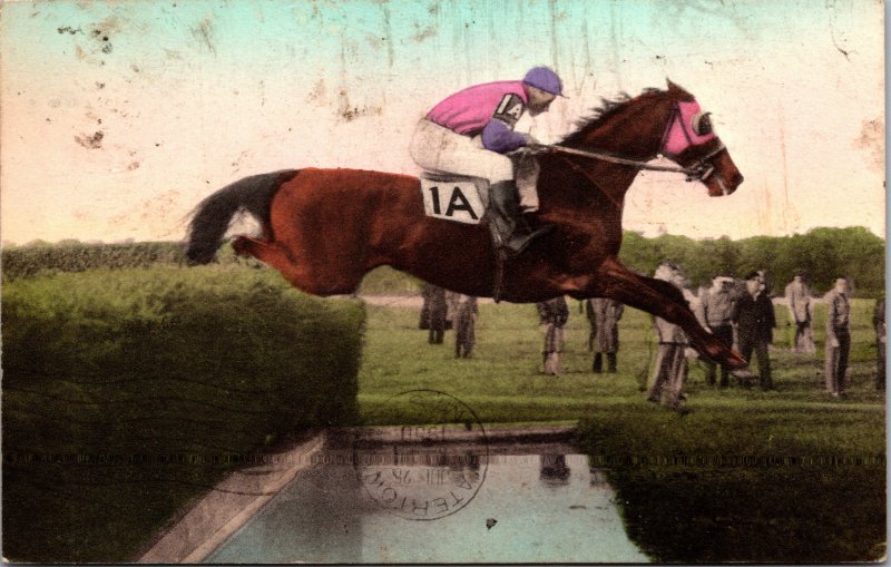 Postcard NY Belmont Meadow Brook Elkridge steeplechaser horse racing Long Island