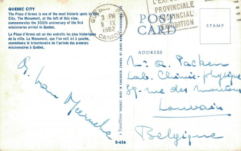 Canada Quebec City The Place d'Armes Vintage Postcard 07.55
