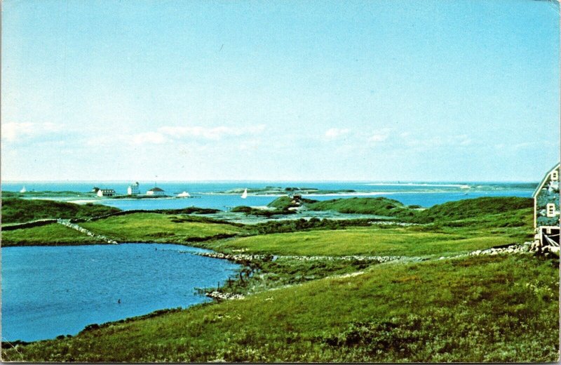 Meadow Scene Block Island RI Stone Walls Birds Eye View Coast Guard Postcard 