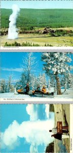 3~4X6 Postcards Wyoming OLD FAITHFUL INN & GEYSER & SNOWMOBILES Yellowstone Park