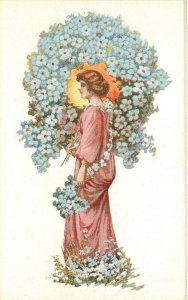 Vintage Italian Art Postcard 4048-3 Lovely Lady Surrounded by Forget-me-Nots