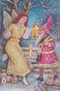 Fantasy Gnome Angel Gilt Gel Vintage Christmas Postcard Germany