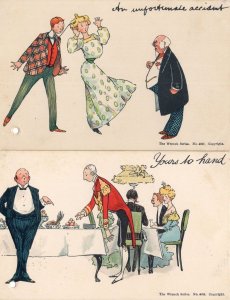 Drunk Lady Restaurant Waiter 2x Old Comic Wrench Series Postcard s
