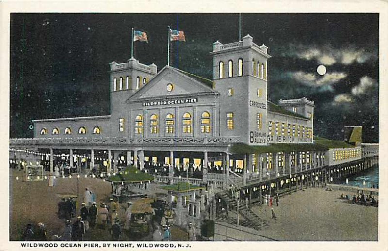 NJ, Wildwood, New Jersey, Wildwood Ocean Pier At Night, Curteich No A57178