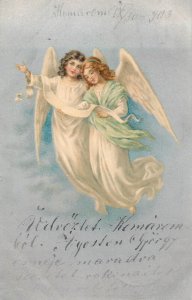 Christmas greetings chromo 1900s greetings postcard angels fantasy