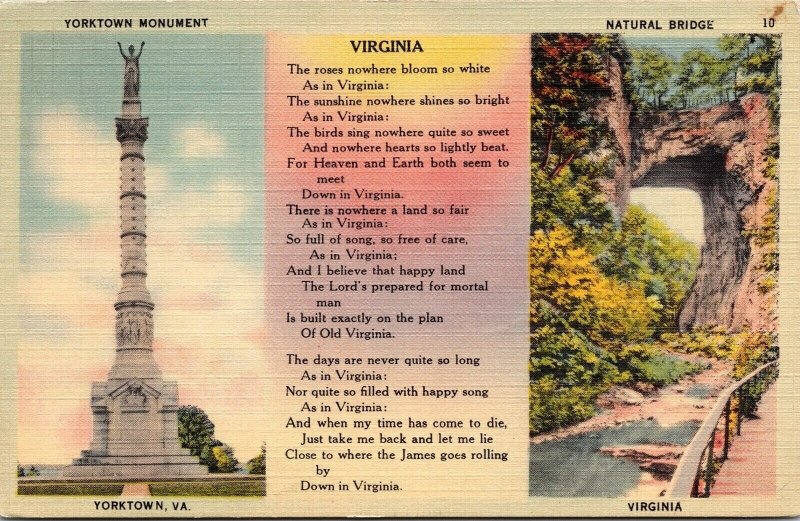 Yorktown Monument Natural Bridge Poem Virginia VA Sunset Linen Postcard VTG UNP 