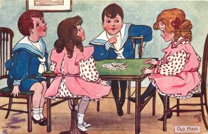 Tuck Postcard Girls & Boys 9220 H. Dix Sandford, Playing Cards Old Maid, posted