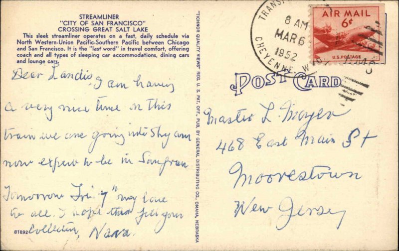 GREAT SALT LAKE UT City of San Francisco STREAMLINER TRAIN Linen Postcard