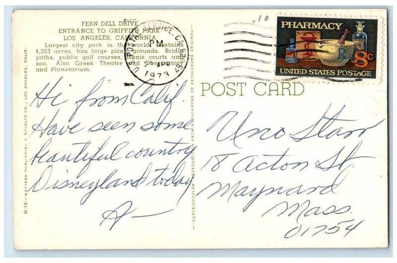 1974 Fern Dell Drive View Entrance Griffith Park Los Angeles CA Flowers Postcard United States