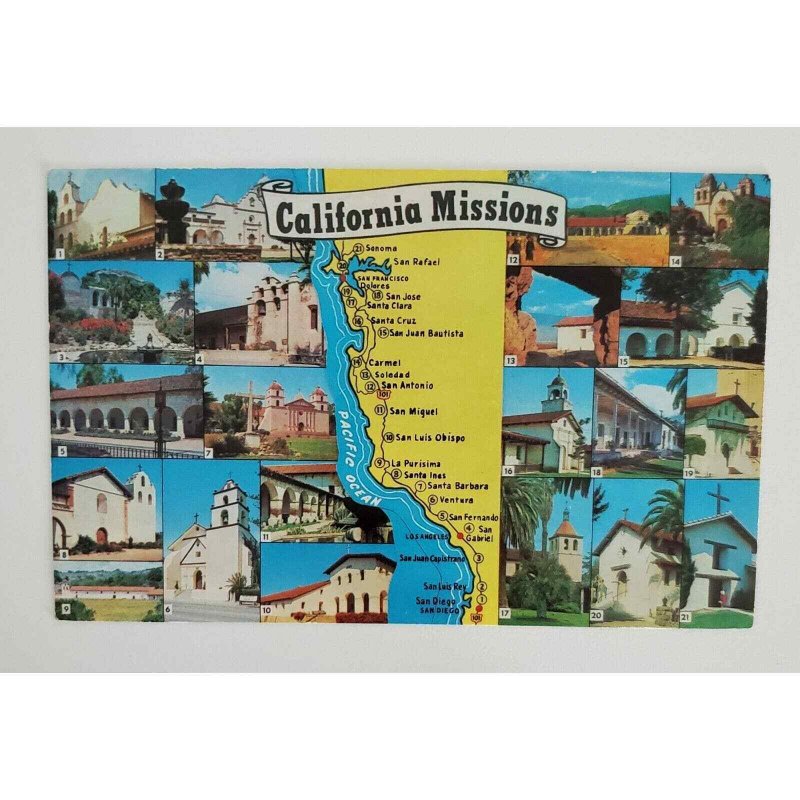 California Missions Spanish Map Church Locations CA Postcard